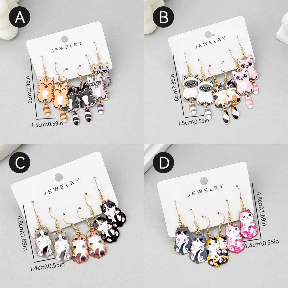 3 Pairs Fun and Cute Enamel Alloy Hanging Tail Cat Dangle Earrings Colored Cat Ear Jewelry Set Lovely Gift for Women Girls