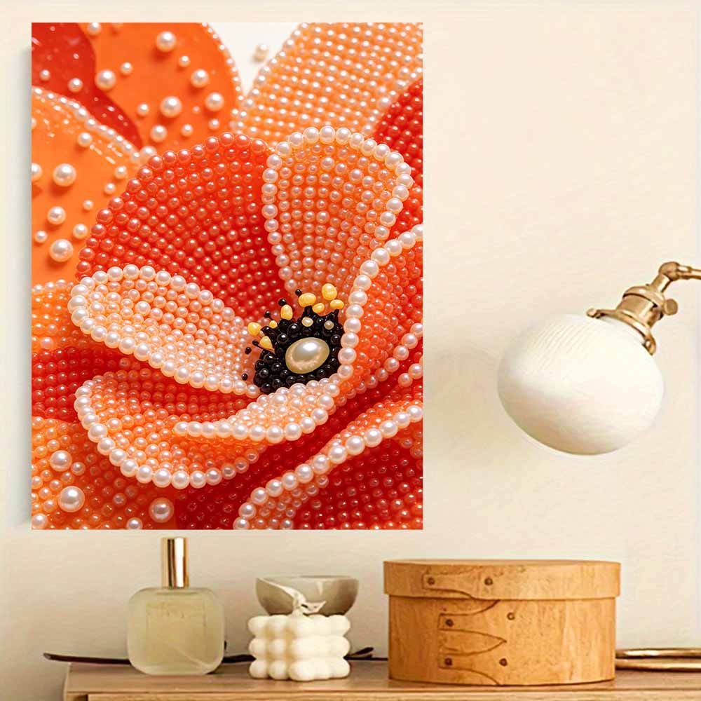 Elegant Framed Pearl Art DIY Set with Vibrant Orange Poppy Flower 5D Sparkling Bead Canvas Painting Ready to Display Romantic Home Decor Gift