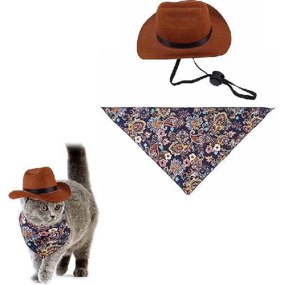 2 Pieces Pet Western Cowboy Costume Set,Adorable Cat and Dog Western Cowboy Hat with Adjustable Elastic Chin Strap and Bandana, for Puppy Kitten Small