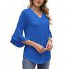 Women's V-Neck Ruffled 3/4 Sleeve T-Shirt Loose Fit Casual Color Top
