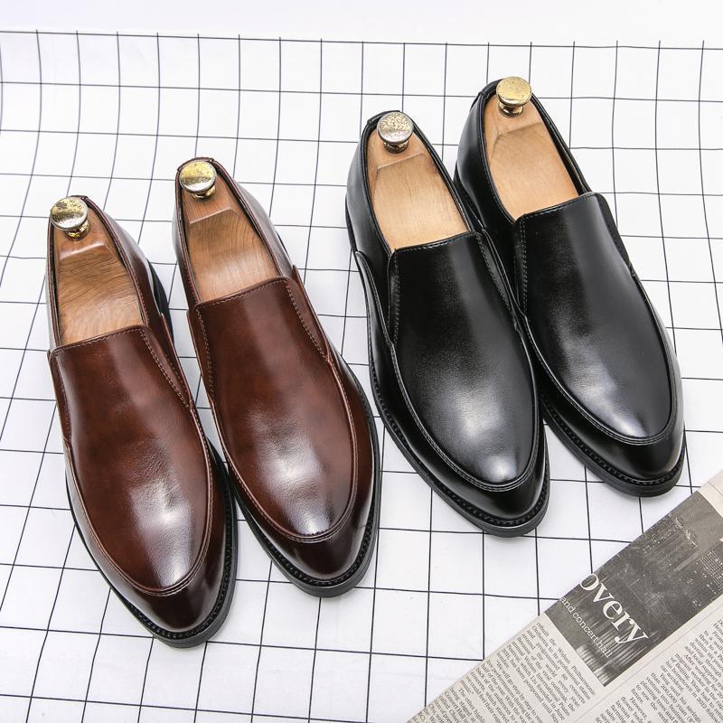Men's Brown Leather Slip-on Pointed Toe Shoes - Business Formal, British Style, Large Sizes 45-46.