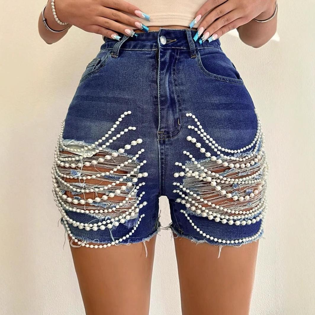 

High-Waist Beaded Ripped Denim Shorts with Raw Hem M темно-синий