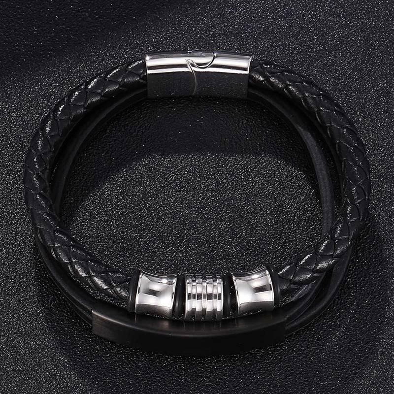 Elastic Braided Leather Wrap Bracelet For Men & Women - Black Leather With Steel Ornaments, Adjustable 7.5-8.7"