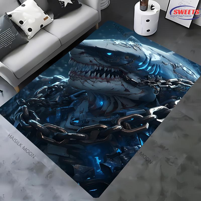 1pz Tappeto Stampato a Tema Squalo Grande per Camera da Letto Soggiorno Arredo Divano Casa, Tappetino Antiscivolo per Giochi Bambini, Spedizione il Giorno Successivo