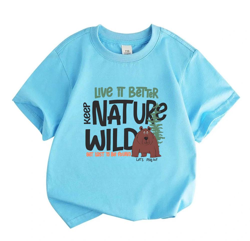 Kids Boys Girls 100% Cotton Crew Neck Short Sleeve T-Shirt, Keep Nature Wild Bear Pine Tree Print Casual Tees for Outdoor Hiking Nature Loving Childre