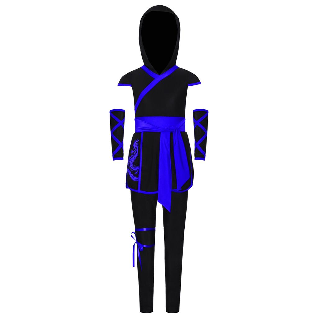 Costume Cosplay Ninja Unisex per Bambini Top con Cappuccio Stampa Drago Ampia Fascia Fondo Spaccato Set Guanti Pantaloni
