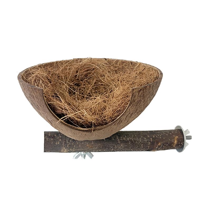 Удобное натуральное кокосовое гнездо-кокос и жердочка для маленьких птиц, волнистых попугайчиков. Легко чистить. Место-укрытие для домашних попугаев.