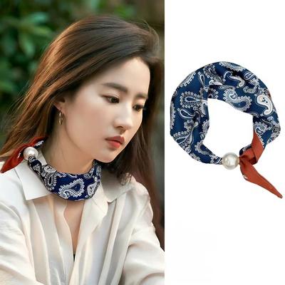 Spring Summer Thin Pearl Silk Scarves Magnetic Buckle Lazy Scarf Women Girls Sweet Elegant Pendant Collarbone Chain Neck Scarf