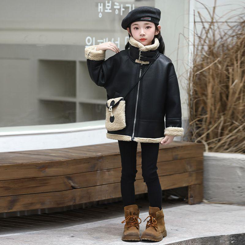 Girls' Casual Fleece-Lined Leather Jacket: Fashionable, Thick-Padded Outerwear for Kids for Fall and Winter