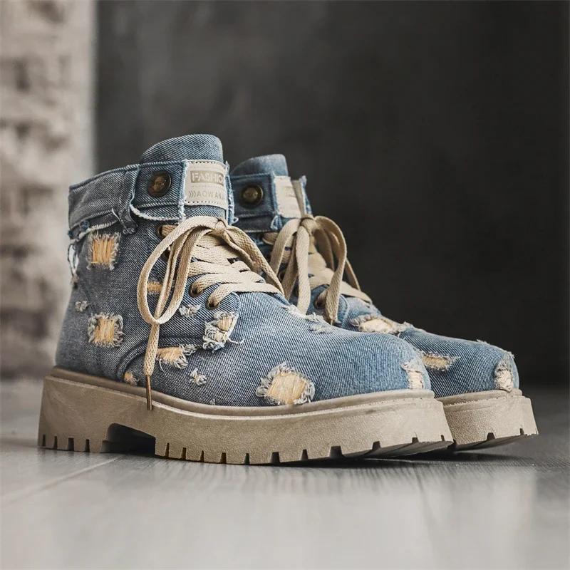 Fashion New 2024 Denim Lace-Up Men Boots Walking Travel Boots Japanese Style Flats Platform Ankle Boots Men Shoes Casual Dress