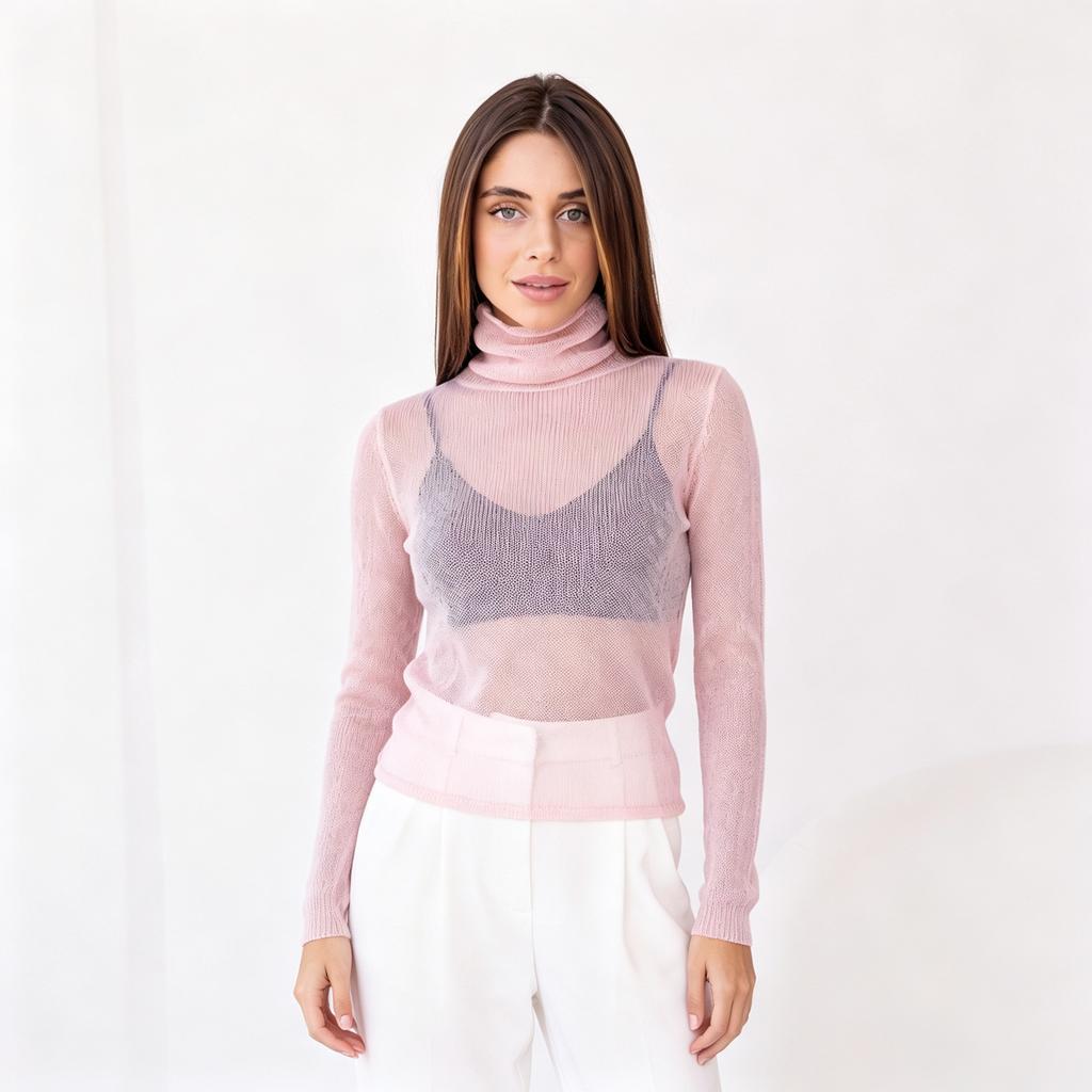 Women Sheer Turtleneck Sweater Semi Transparent Thin Lightweight Long Sleeve Solid Color Elegant Ladies Layering Knit Pullover
