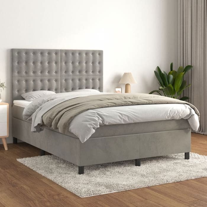 Maison Exclusive - Bed Slatted Base and Mattress Light Grey 140x200cm Velvet