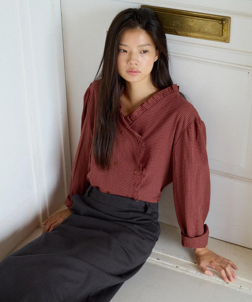 Poeteuseoul Double Button Check Blouse_Wine