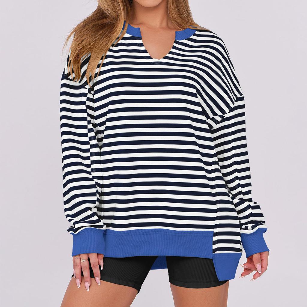 Women's Loose And Comfortable Striped Printed V-neck Loose Sportswear Sweatshirt
