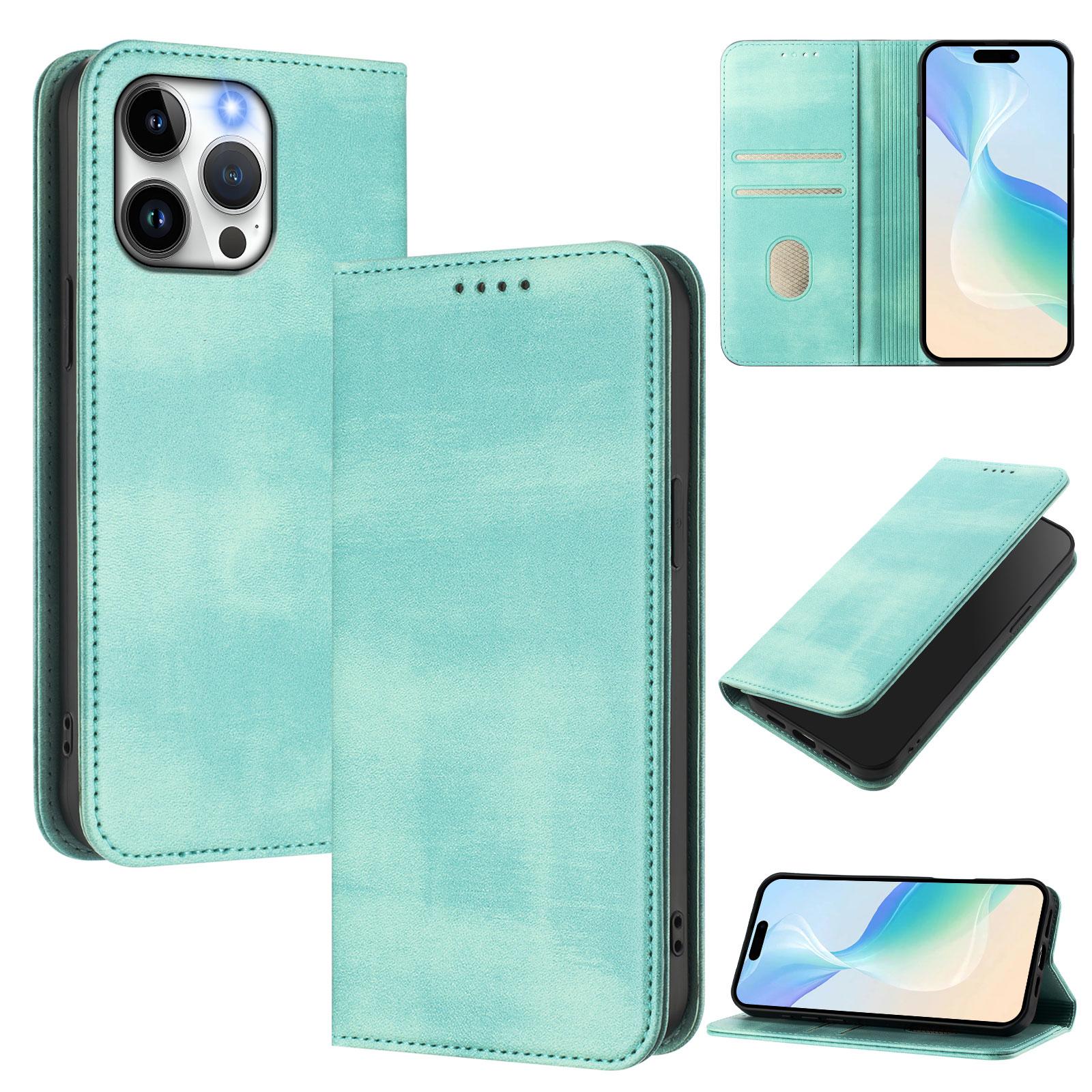 

For iPhone 15 Pro Max Wallet Cases Retro Texture RFID Blocking Leather Phone Cover Mint Green