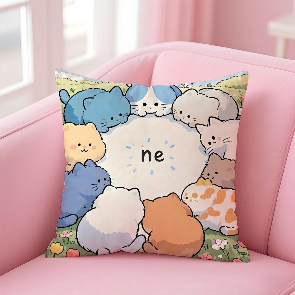 

Cartoon Cute Cat Picture With Fresh Wake Up Cushion Cover Linen Pillowcase Cover Soft Decor for Sofa Home Room 30X30cm