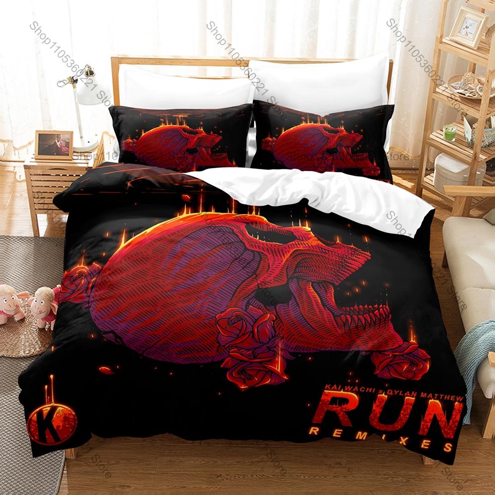 Teschio Horror Gotico Grafica Kai Wachi EDM Bass DJ Concerto Merch Set Biancheria da Letto Copripiumino con 2 Federe Adolescente Headbanger