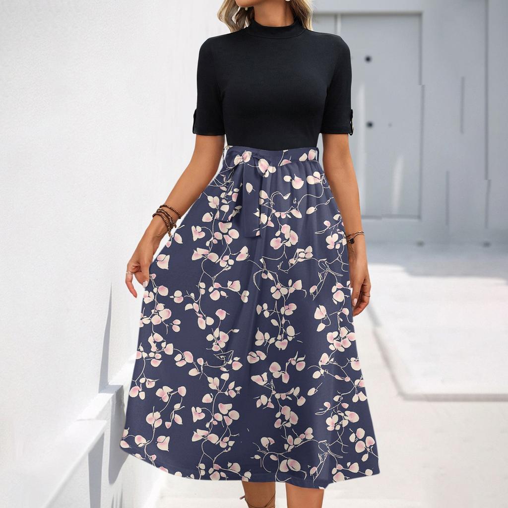 Women's Fashion Casual Belt Short Sleeve Round Neck Floral Elegant Temperament Dress