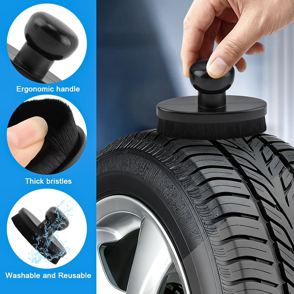 Car Tire Shine Applicator with 1 Car Interior Detailing Brush, Automotive Tire Dressing Applicator Brush with Storage Stand for Tires Detailing &