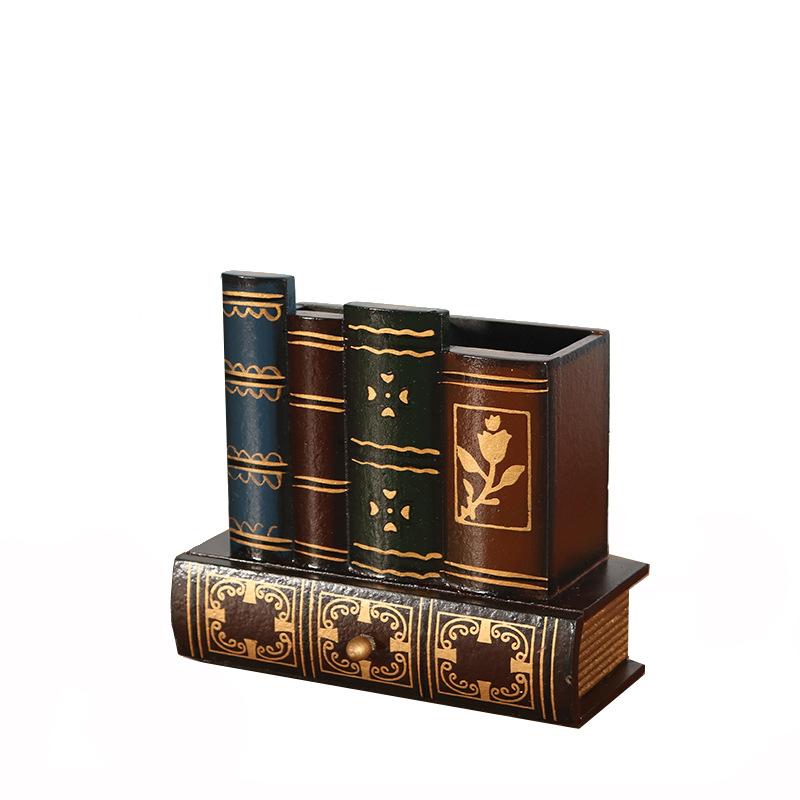 European Retro Wooden Pen Holder Fake Book Multifunctional Creative and Fashionable Pen Holder with Drawer коричневый