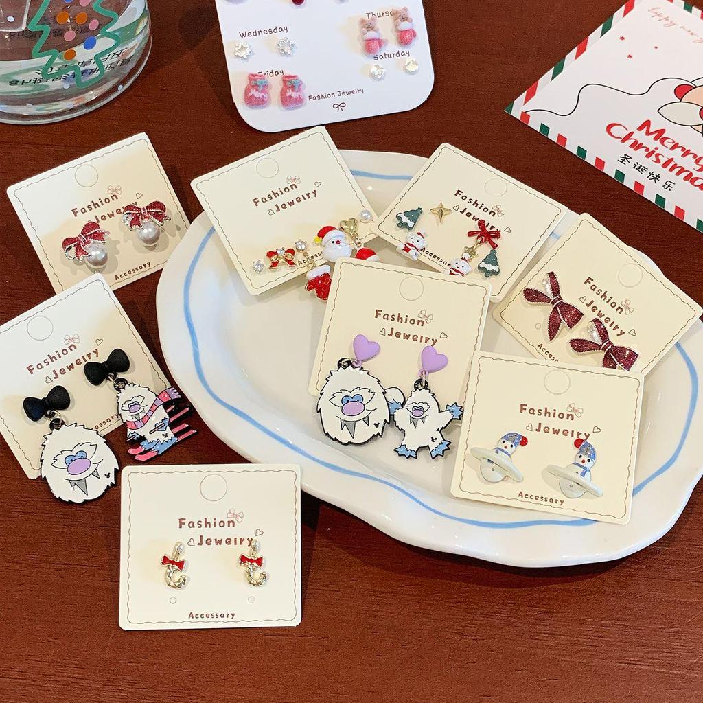 Silver Needle Snowman Santa Bow Stud Earrings - Festive Cartoon Design for Women