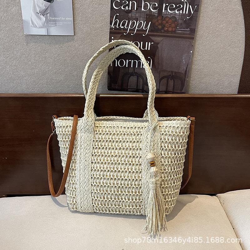 straw woven bag, beach large capacity tote bag, lazy style handbag, tassel shoulder bag