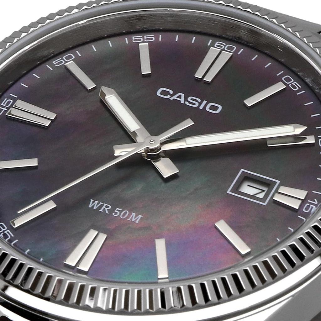Casio MTP-1302DS-1AV Analog Quartz Men's Watch Metal Band Silver Black Mother of Pearl Dial