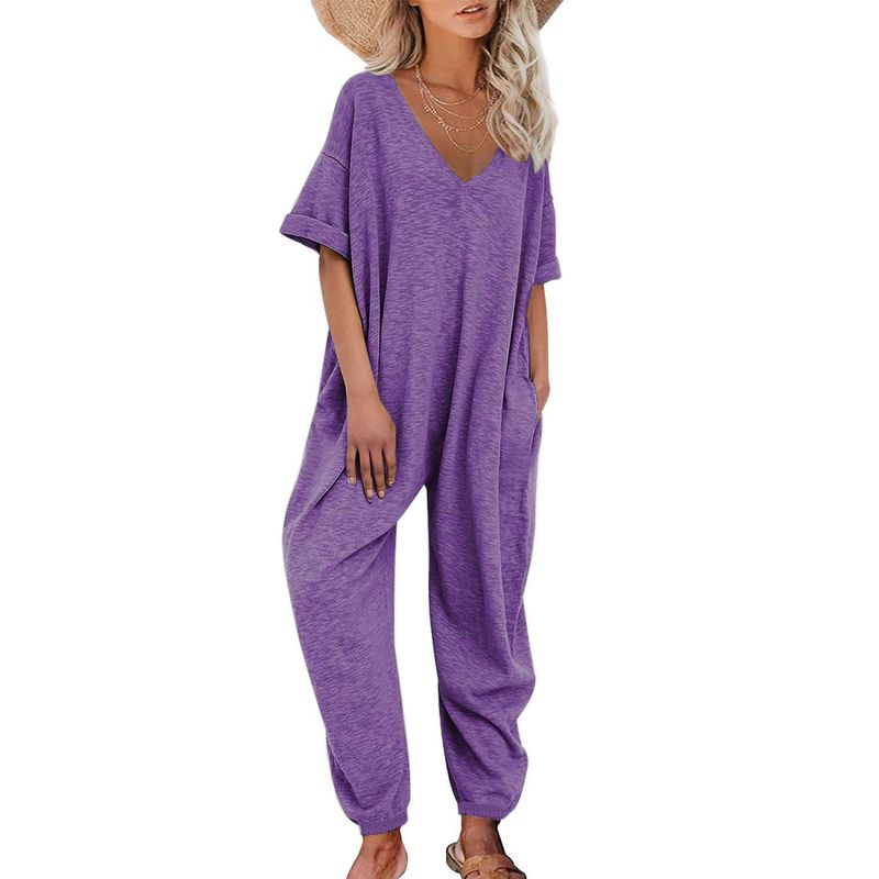 Solid Color V-neck Long Pants Jumpsuit Women Solid V-neck Trousers Jumpsuit