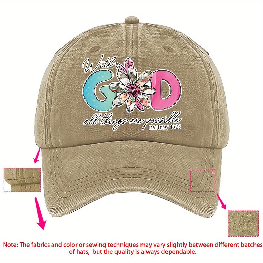 With God All Things Are Possible Flower Print Baseball Cap Polyester Casual Sport Outdoor Sun Hat