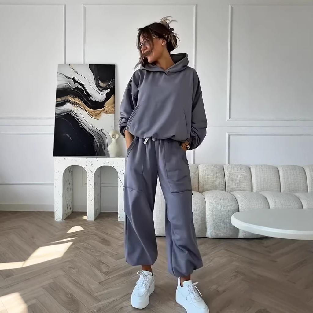 26 Europe, America, Amazon Cross-border Women's Clothing New Slack Hooded Sweater Wide-leg Trousers Tooling Style Suit