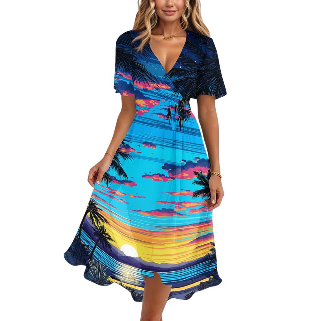 Women's Casual V Neck Short Sleeve Hawaiian Print Dress Midi Length Lightweight Comfortable Summer Beach Dress