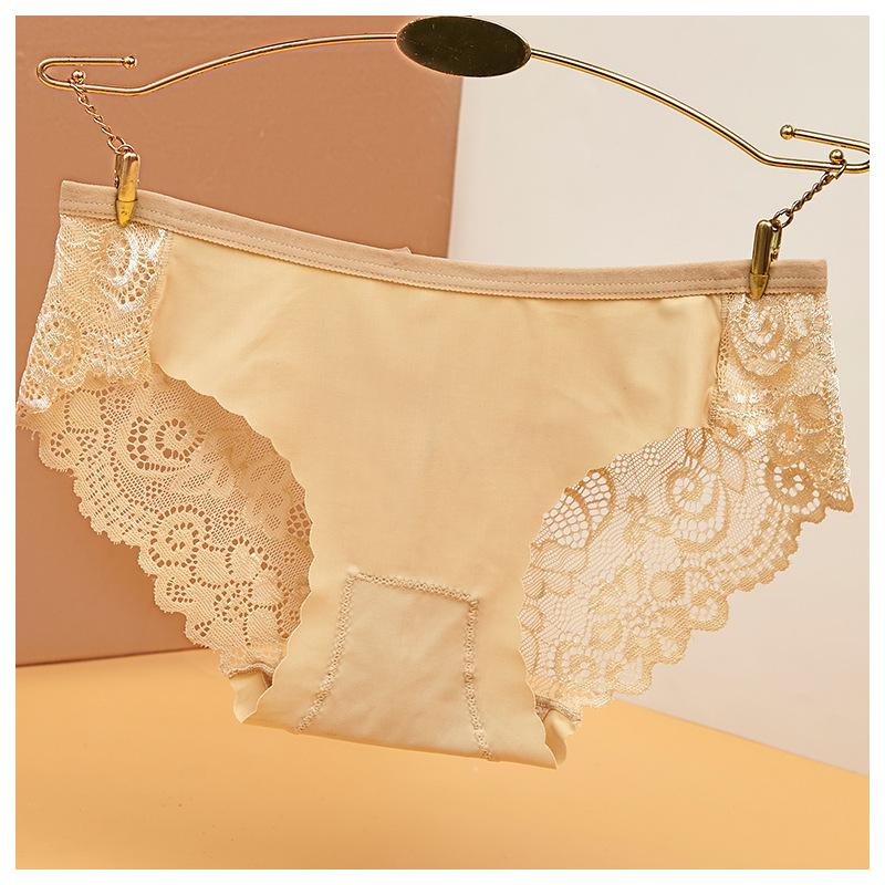 Women's Printed Ice Silk Underwear with No Trace Low Waist Bow Hollow Lace Triangle Pants