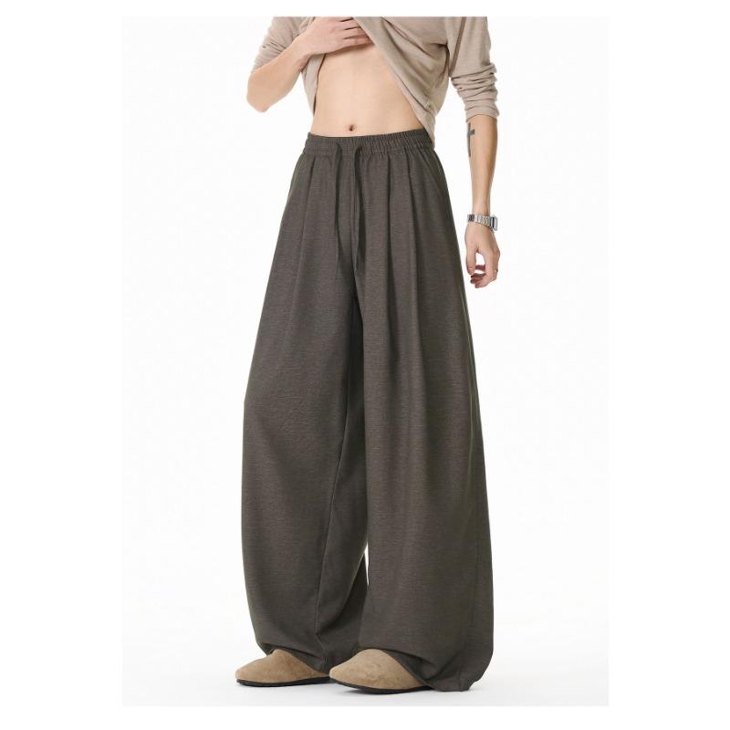 Mens Loose Draped Double Pleated Waist Straight Casual Long Trousers