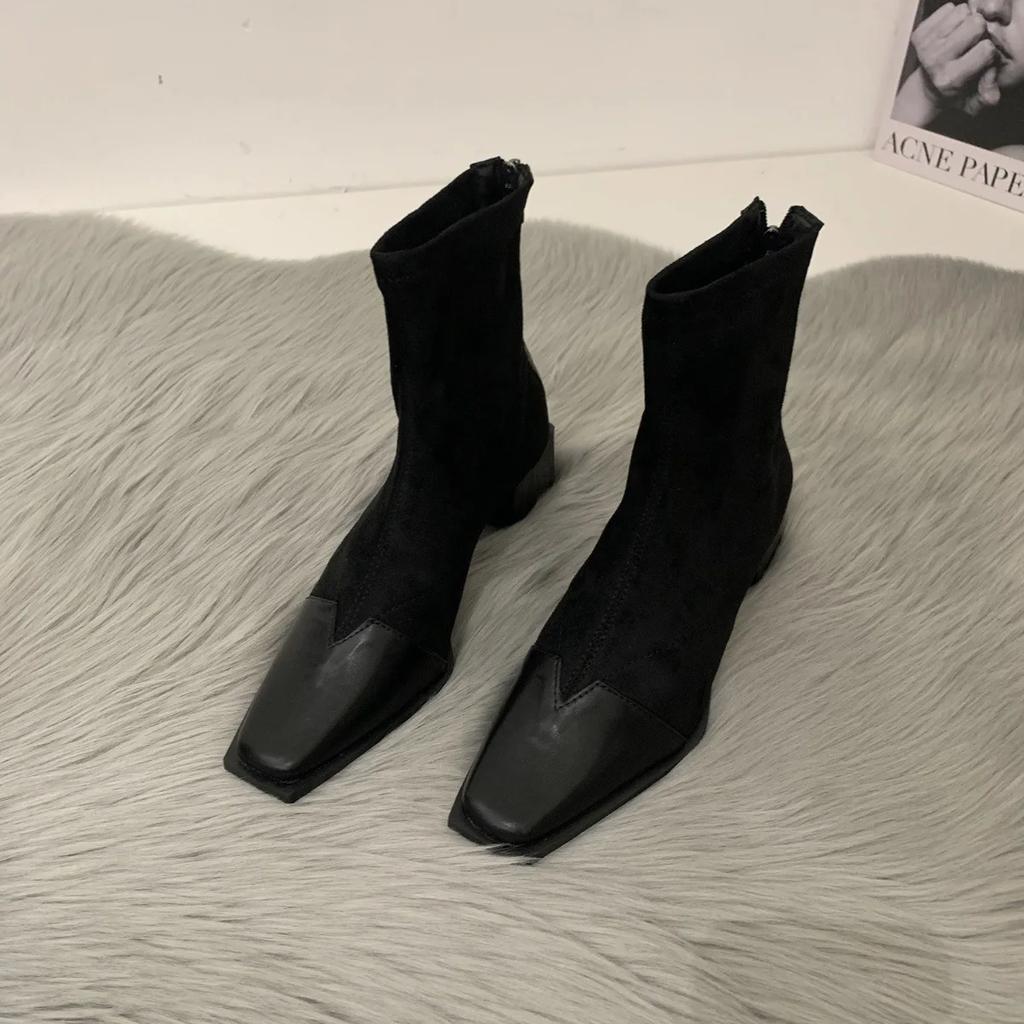Woman Ankle Boots Fashion Fur Suede Mid Heel Short Boots Autumn Winter Ladies Elegant Square Toe Back Zippers Botas Mujer 2025