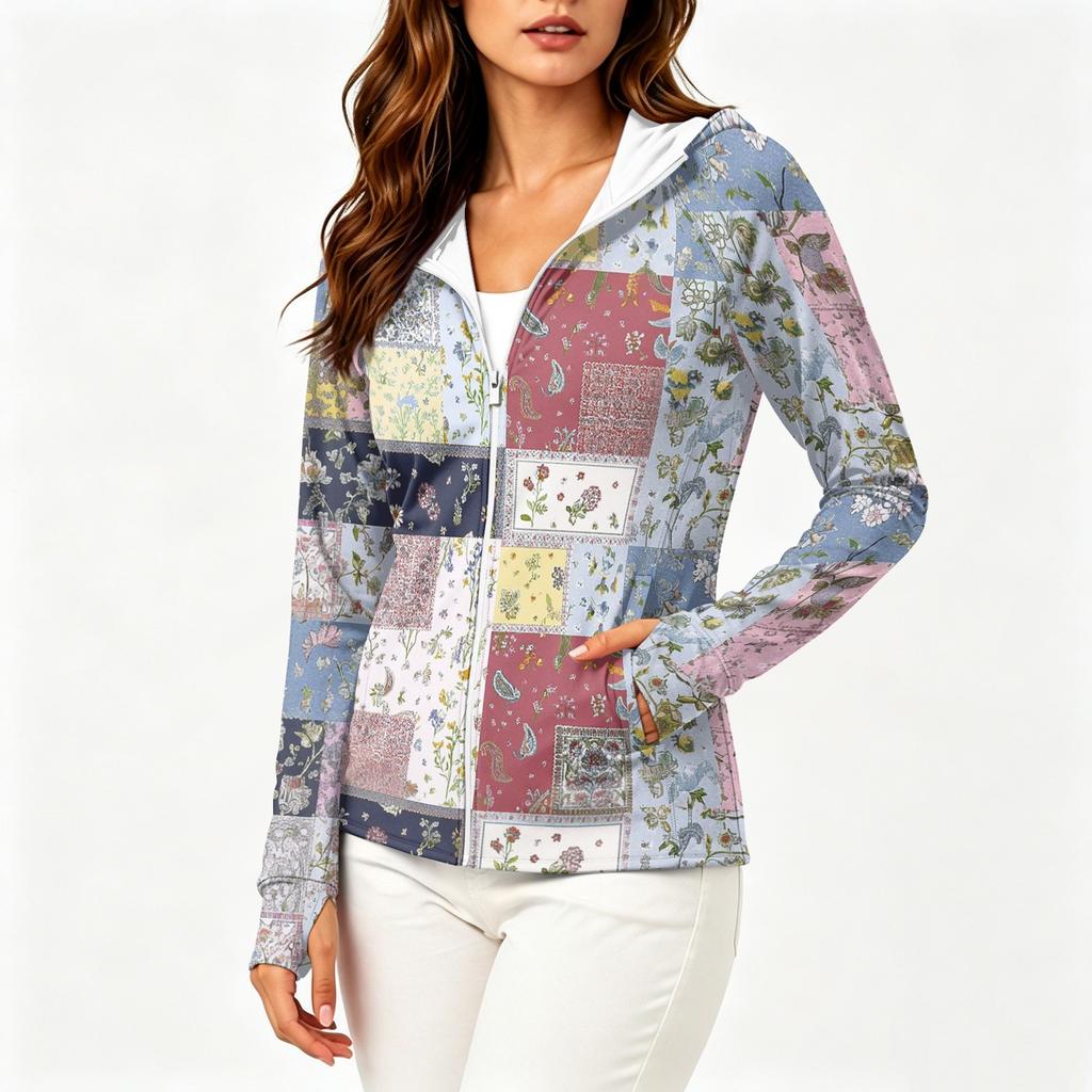 Women Lightweight Hooded Sun Protection Jacket Full Zip Long Sleeve Printed Pocket Outdoor Activewear Windbreaker