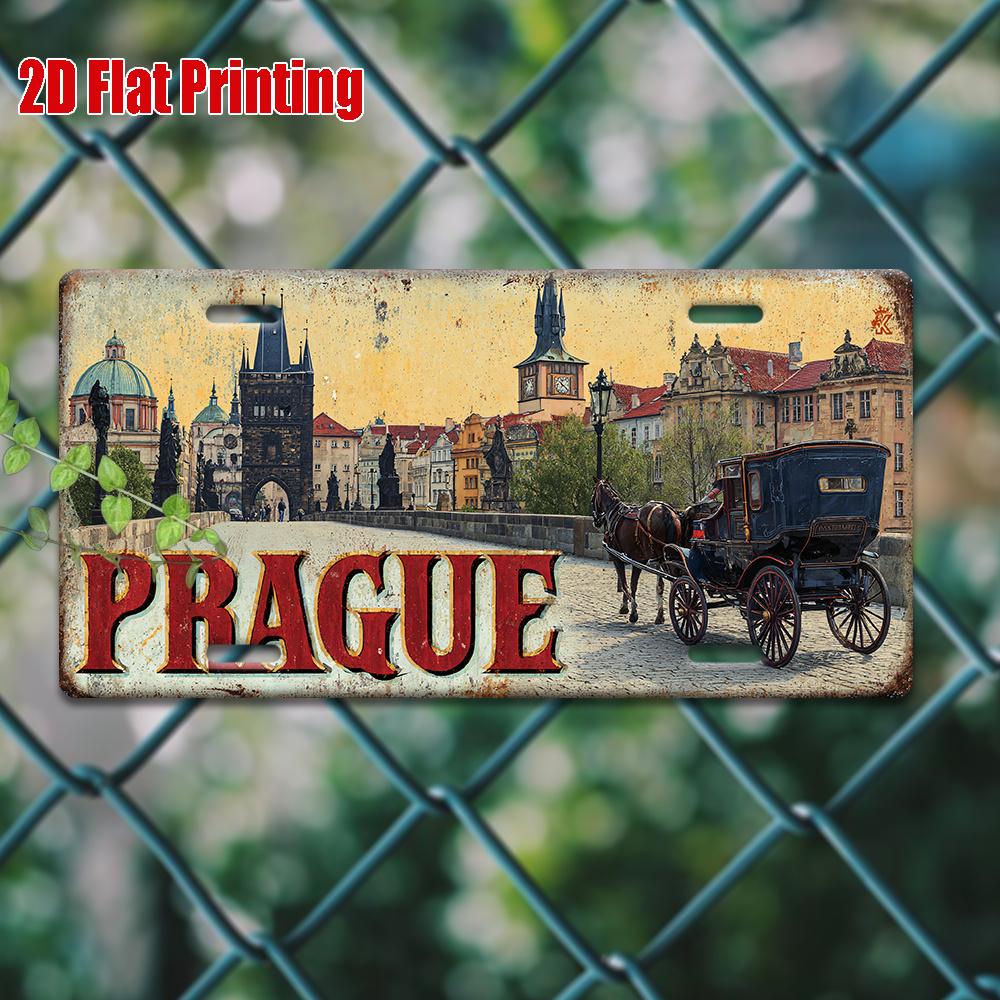 

HD Aluminum Metal Sign Prague Czech Republic Vintage License Plate Style Wall Decor Retro Charles Bridge Horse Carriage Citysc 15x30cm(5.9x7.8inch)