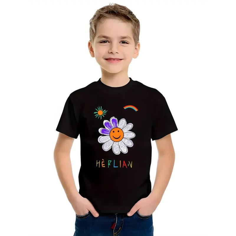 

European sizes Must-Have Trendy Item! Daisy Pattern Print Boys T-Shirt, Casual Short Sleeve Comfortable Summer Outdoor Top, Youth Fashion Style 98cm чёрный