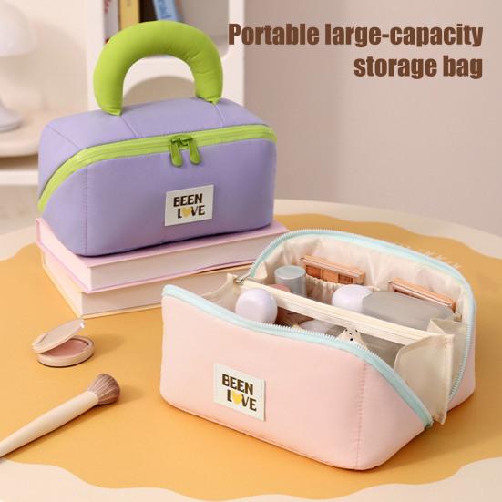 Open Flat Makeup Bag Travel Cosmetic Bag with Padded Handle Large Capacity Toiletry Bag with Brush Pouch for Business Trip Vacation