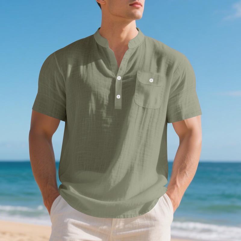 Linen Men's T-Shirt Loose-Fit Casual Workwear Commuter Menswear Short-Sleeved Henley Pocket Shirt