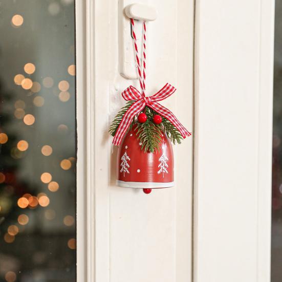 Rustic Christmas Bell Ornaments with Artificial Pine And Red Berries Vintage Metal Jingle Bells Hanging Decoration for Tree Door Wall Home Decor