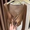 Damen V-Ausschnitt Krawattenfront Langarm Top Schmale Passform Lässig Einfarbig Bluse