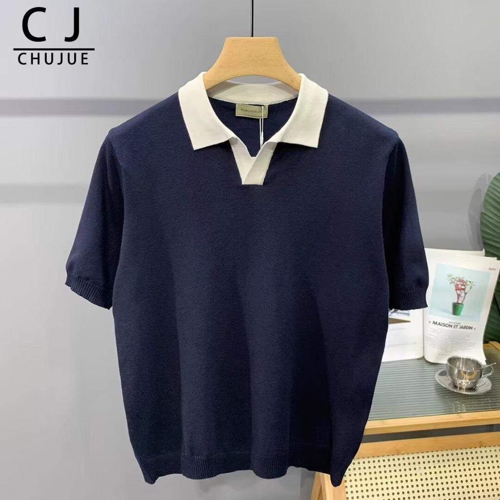 Men's Korean Style Loose Knit Polo Shirt, Short-Sleeved, Summer Contrast Lapel Design