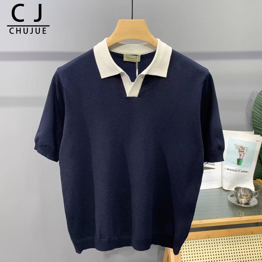 

Мужская рубашка-поло свободного кроя в корейском стиле с короткими рукавами и летним контрастным дизайном лацканов Medium темно-синий