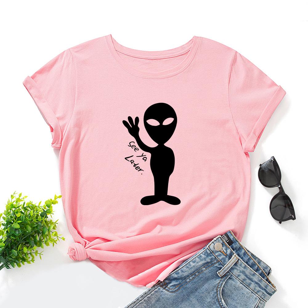 

Летний топ с круглым вырезом и принтом инопланетянина, модная повседневная женская футболка из чистого хлопка с короткими рукавами 3XL