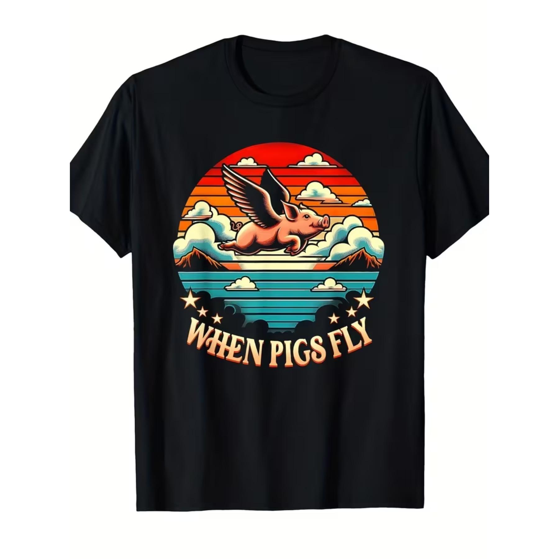 

Retro 1960s Funny Pig Flying To The Moon Pattern T-shirt - When Pigs Fly (Proverb) - T-shirt - Unisex Casual Adult Shirt XXL