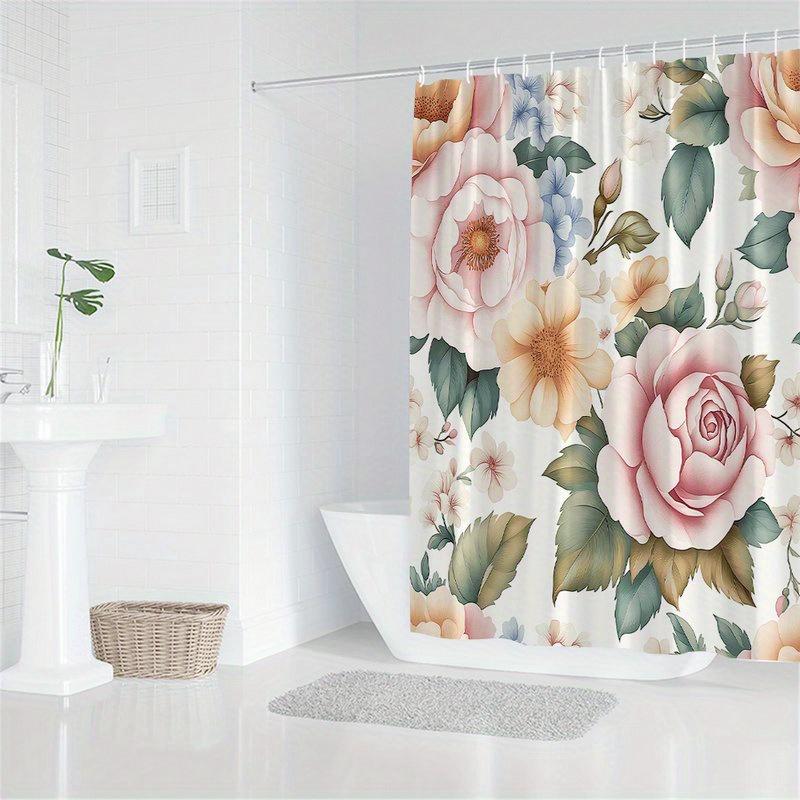 1 Piece Rose Floral Pattern Shower Curtain, Polyester Fabric, Machine Washable, Suitable For Bathroom Decoration