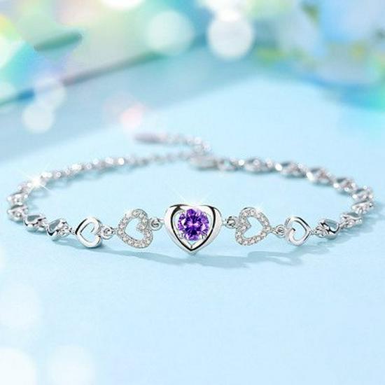Zhenrong 925 Silver Heart Bracelet with Purple & White Diamonds