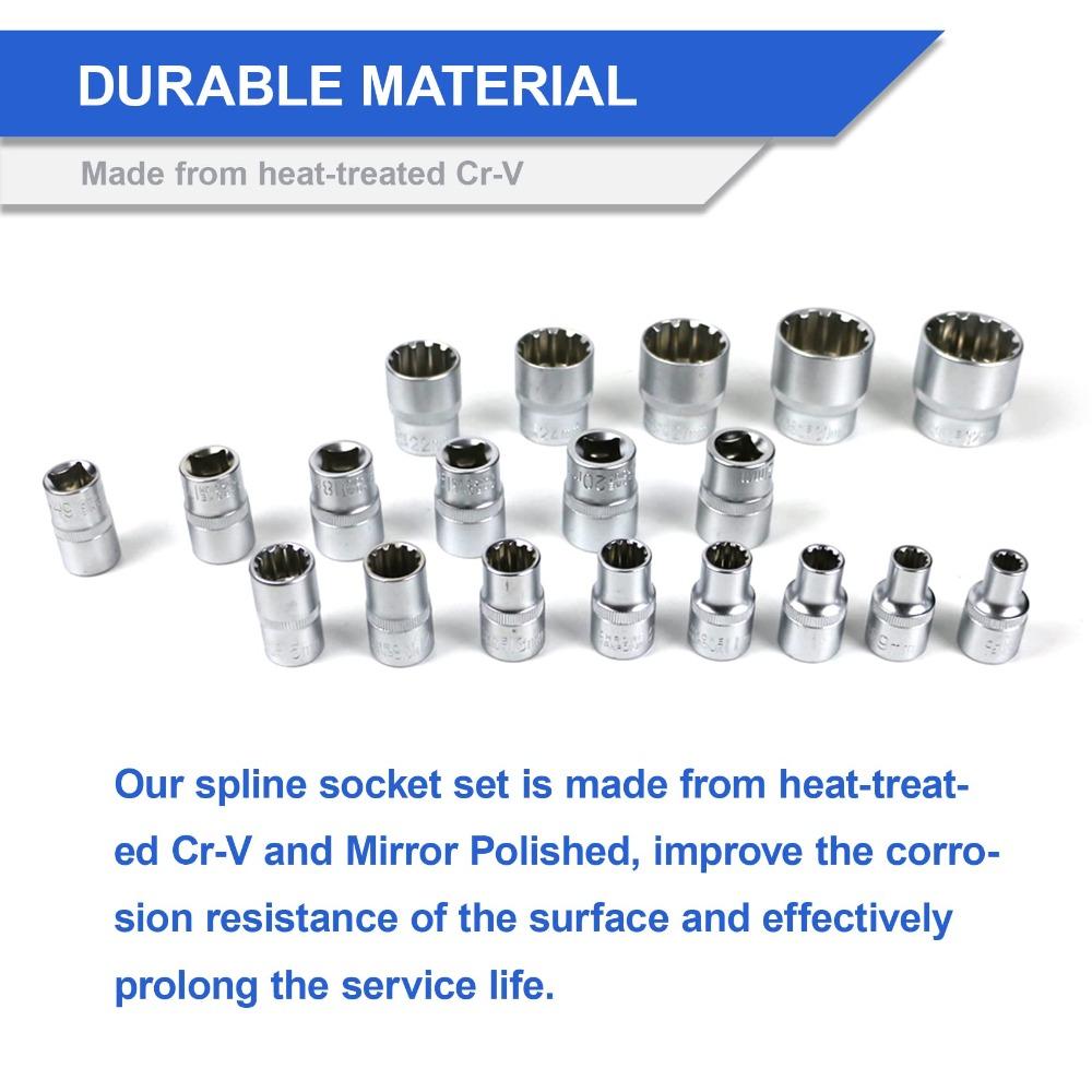 19 Pcs 8-32mm Spline Socket Set Metric Socket Wrench Set 12 Point Socket Set  Repair Tool