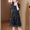 Elegant Broken Flowers Printed Dresses Summer Stylish Edible Tree Fungus Spliced Female V-Neck Drawstring Bow A-Line Midi Dress