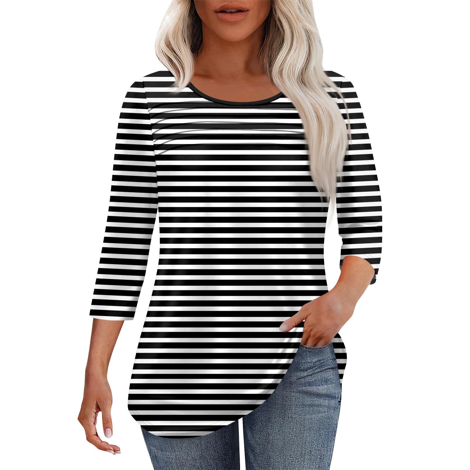 Women s Fashion Round Neck Pleated Front Placket Print 3/4 Sleeve Top S